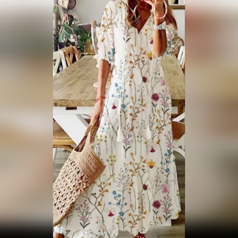 Klynu • NWT Summer Meadow Tassel White Floral Maxi Dress